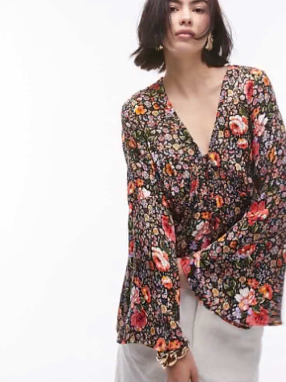 TopShop Floral V-Neck Long Bell Sleeve Button-Down Top